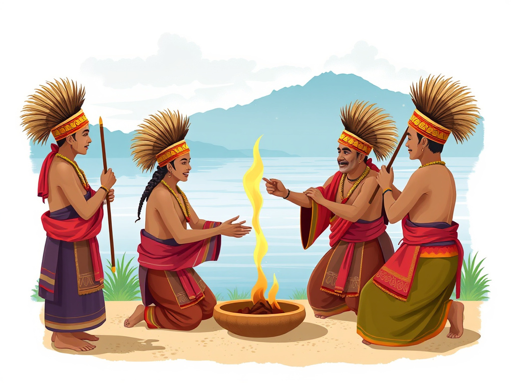 Illustration of traditional Batak people performing a ritual ceremony near Lake Toba, corporate design