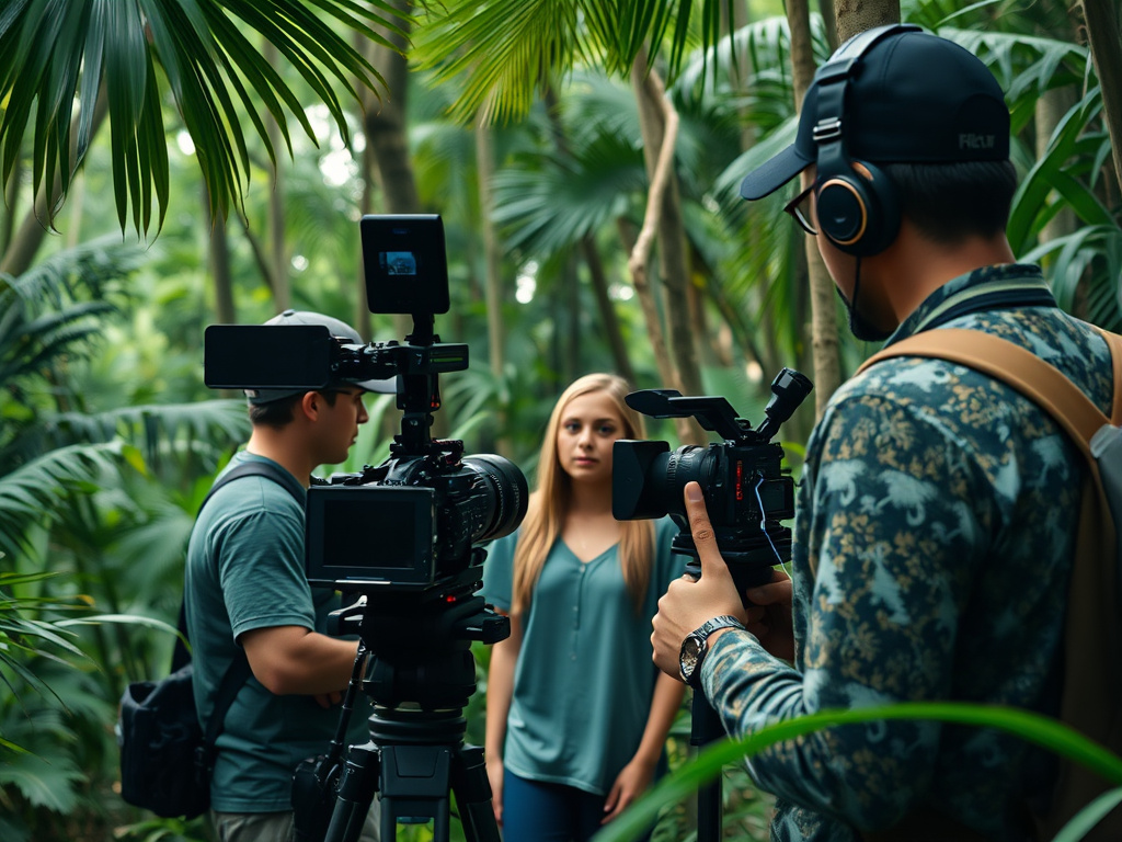 Film crew members in a tropical forest setting, filming a scene with a young actress, corporate design