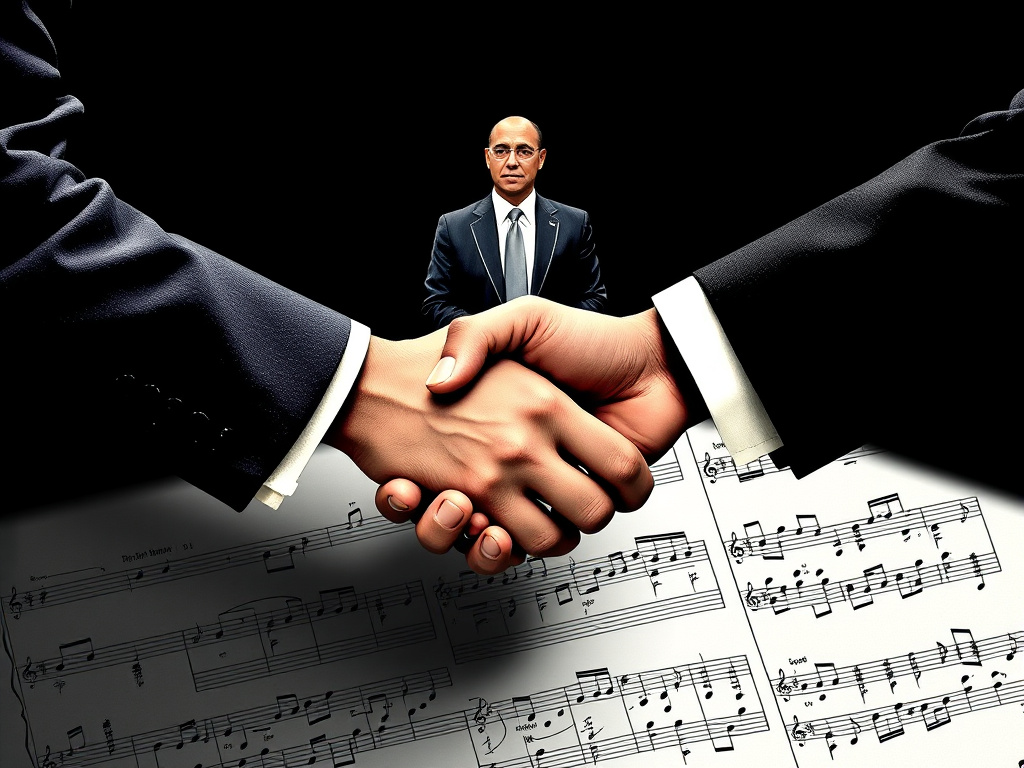 a symbolic representation of hands shaking – a musician, a platform representative, and a government official – over a musical score, corporate design
