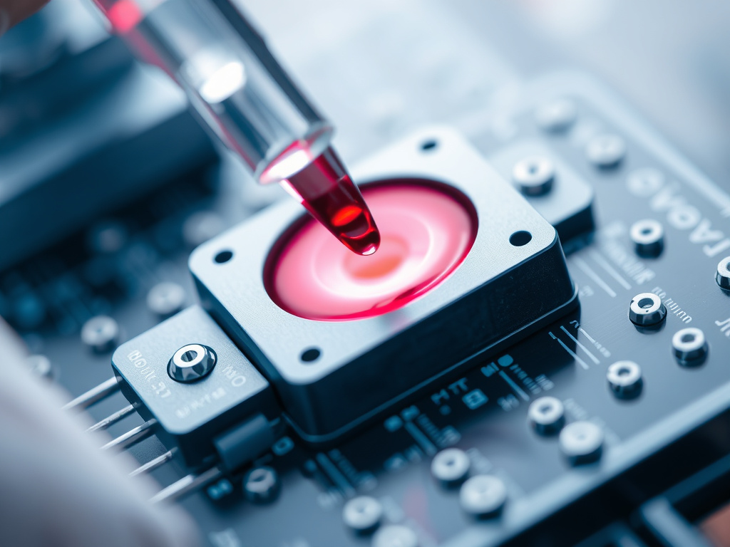 close-up of a sophisticated biosensor device analyzing a blood sample, corporate design