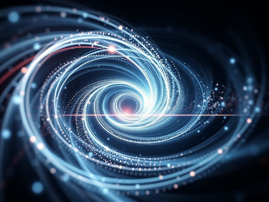 A digital rendering of swirling particles forming a timeline, corporate design, futuristic