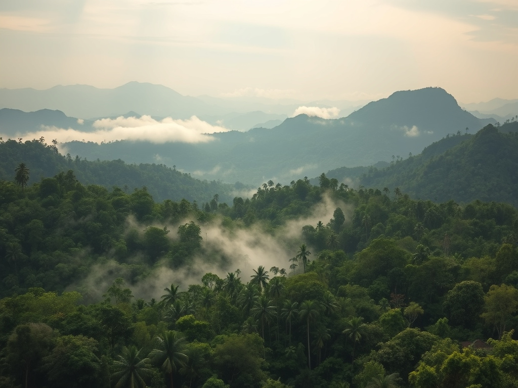 A panoramic view of the Kalimantan rainforest, mist rising over the trees, depicting the ancestral homeland of the Dayak people, corporate design