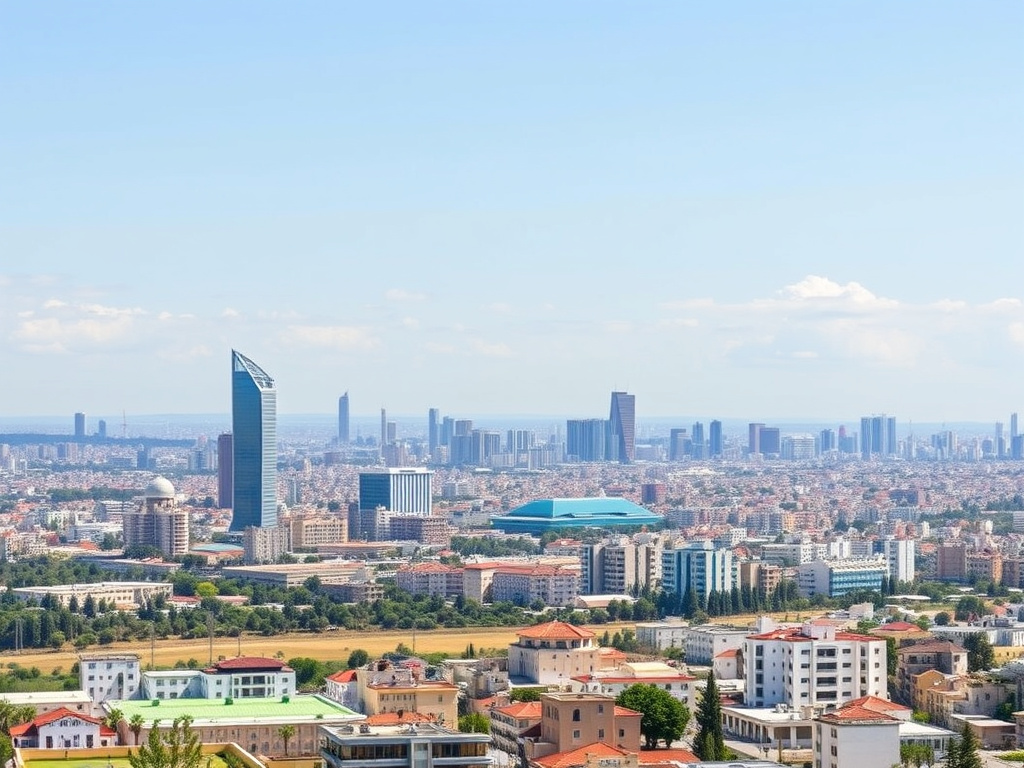 A panoramic view of modern-day Israel, showcasing a vibrant city skyline and a sense of progress, rendered in a clean and modern corporate style