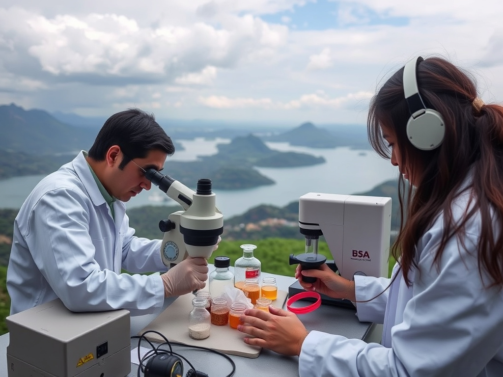 Scientists using advanced equipment to analyze geological samples near Lake Toba, corporate design