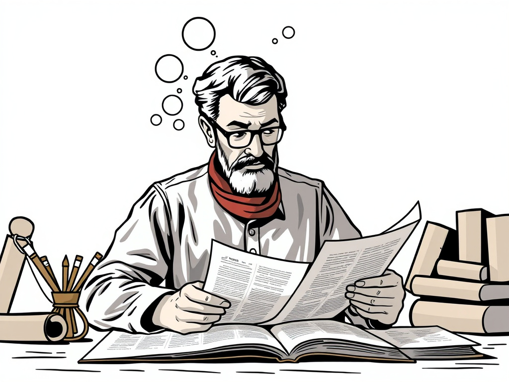 A scholar analyzing historical documents, symbolizing critical thinking and historical research, corporate design