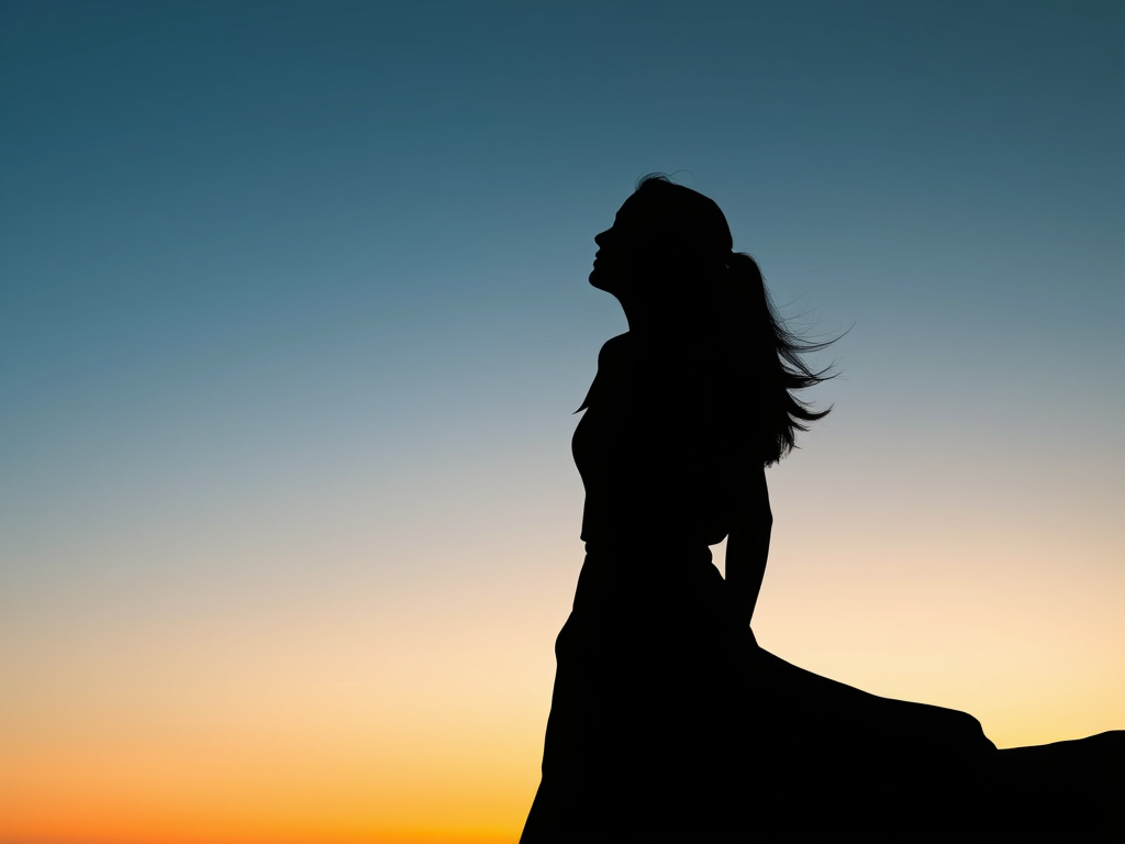 a silhouette of a woman looking towards the horizon, representing hope and progress, minimalistic design, corporate style