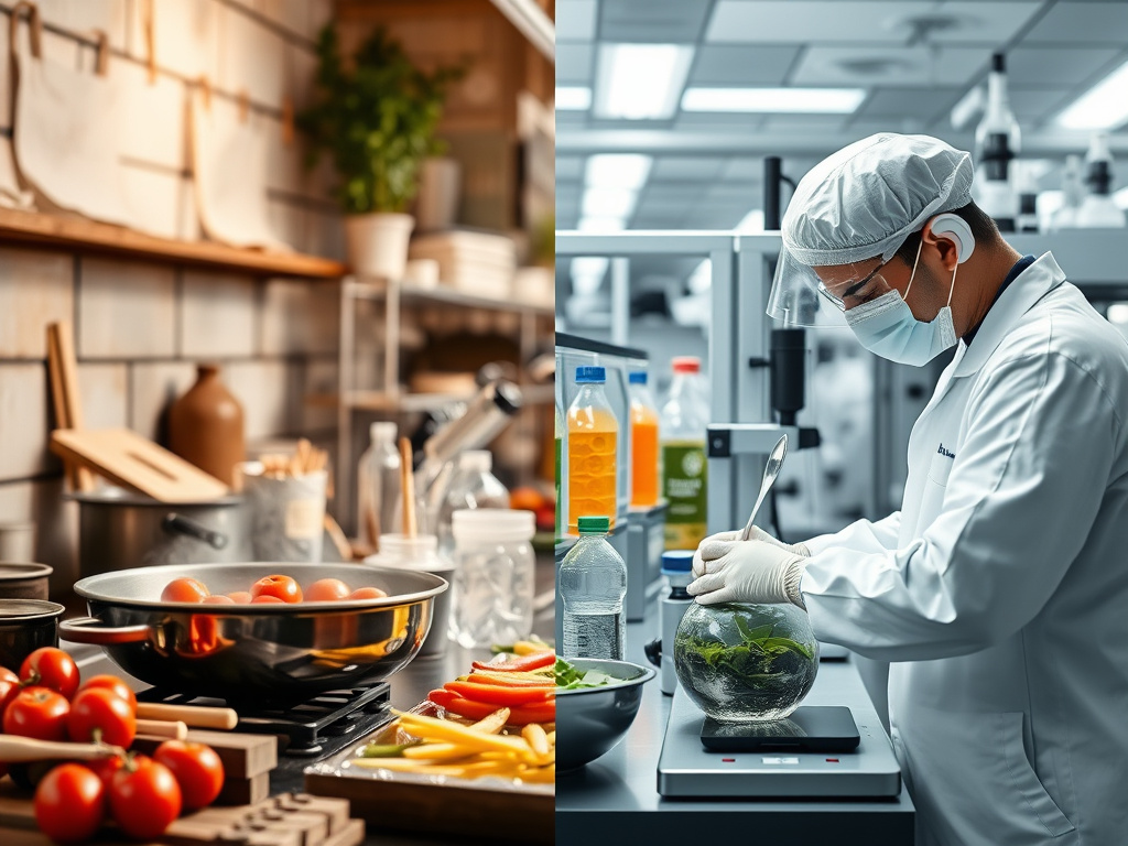 a split image contrasting a traditional cooking scene with a modern, scientific food safety laboratory