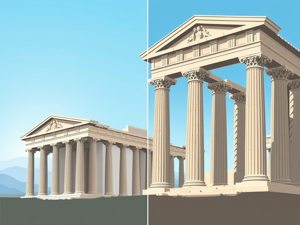 a comparative illustration of roman and greek architecture, showcasing the influence of greek styles on roman design