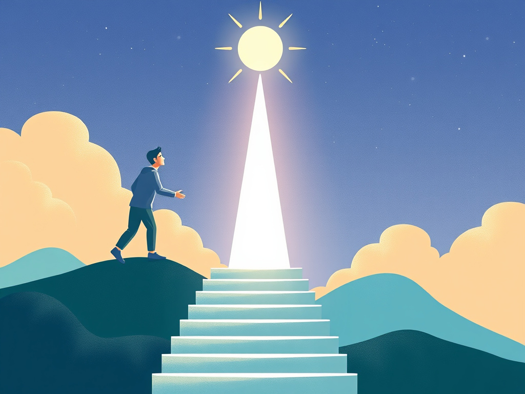 a stylized illustration of a person climbing stairs towards a bright light, symbolizing personal growth