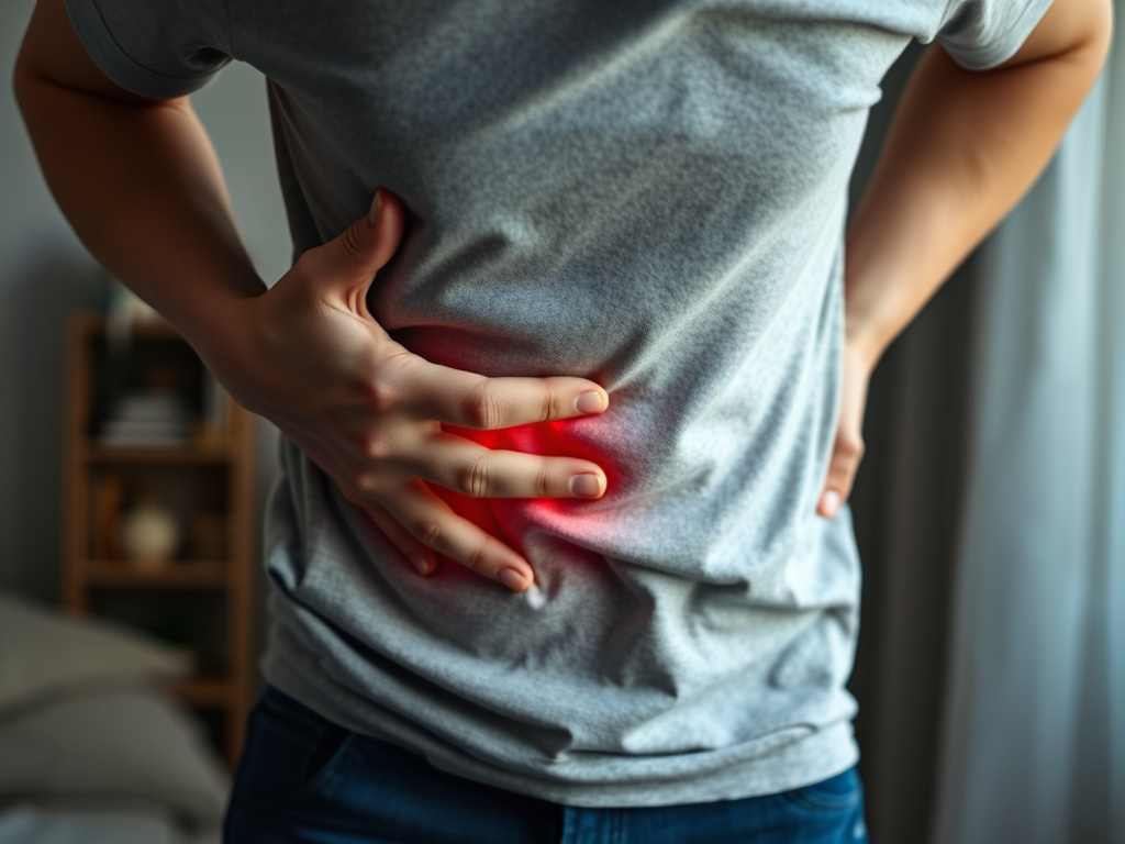 A person experiencing stomach pain, holding their abdomen, in a dimly lit room, conveying discomfort, corporate visual style