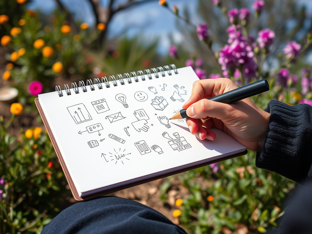 a hand sketching ideas on a notepad, surrounded by vibrant outdoor photography