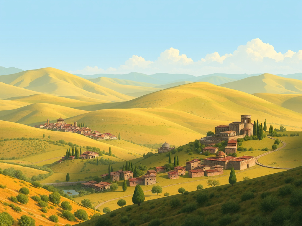 a stylized depiction of ancient roman landscape with rolling hills and early settlements