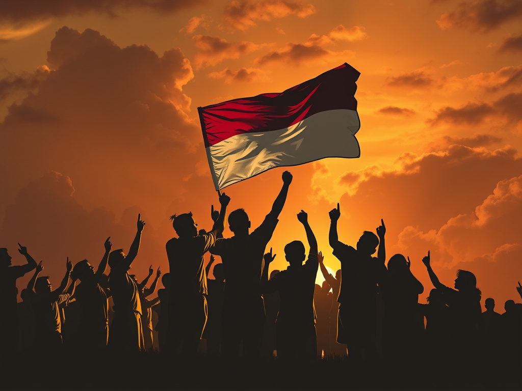 a vintage illustration of a group of indonesian people raising a flag, dramatic lighting, corporate design