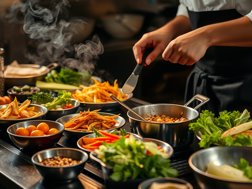 a chef preparing a healthy meal using a variety of cooking techniques, steam rising from a pot