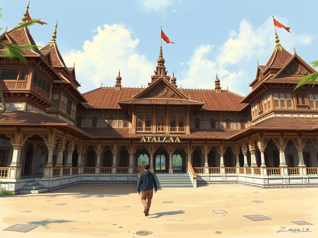 a depiction of the Aceh Sultanate palace, in a detailed historical illustration style
