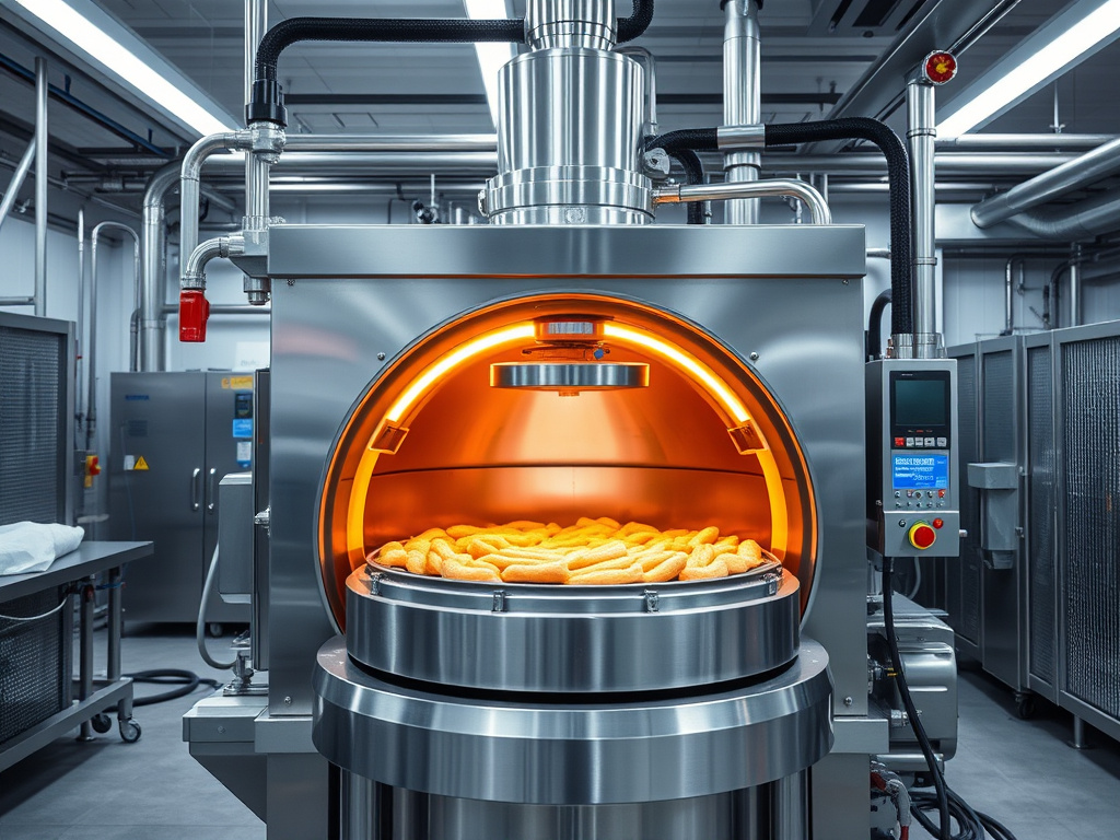 A high-pressure processing machine in a food processing facility, showcasing its technological complexity and sterile environment, corporate visual style