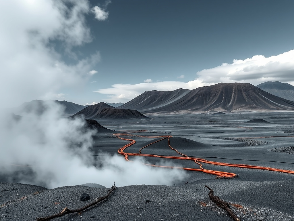 A desolate landscape with volcanic ash covering the ground, corporate design