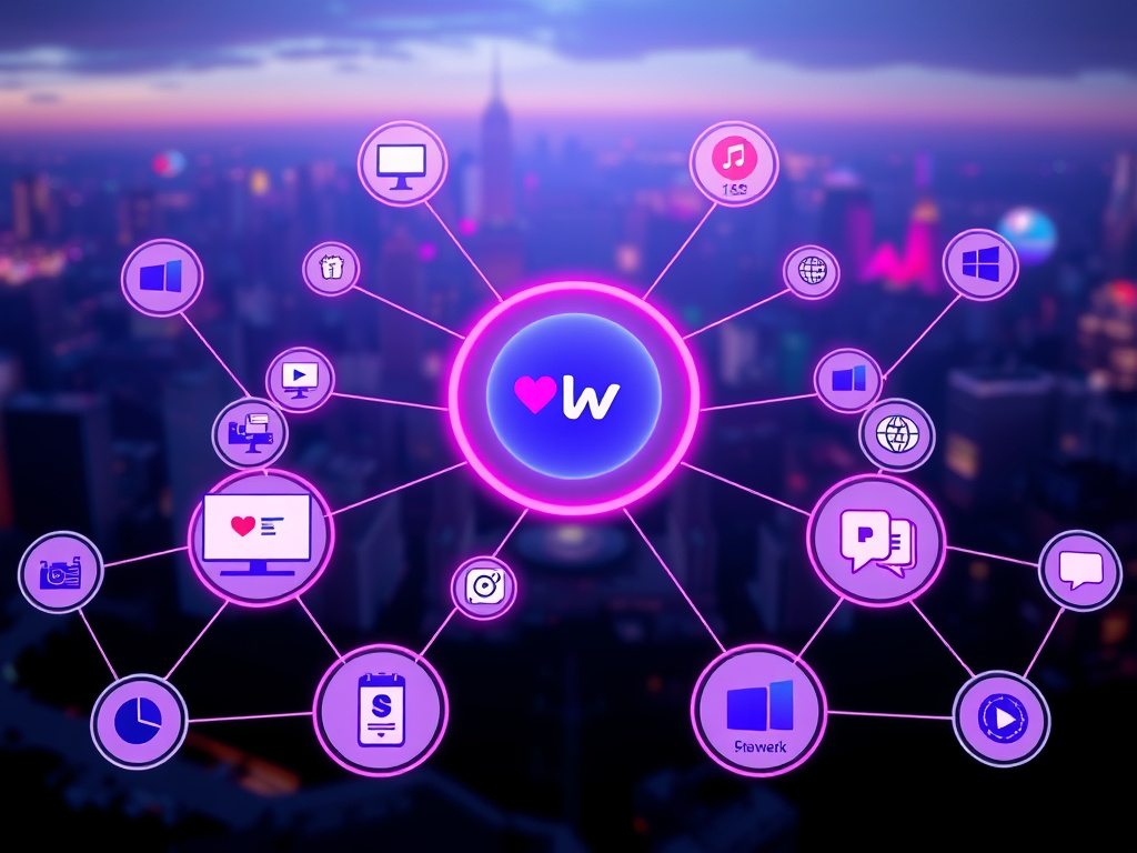 a network of interconnected nodes representing streaming platforms, corporate design
