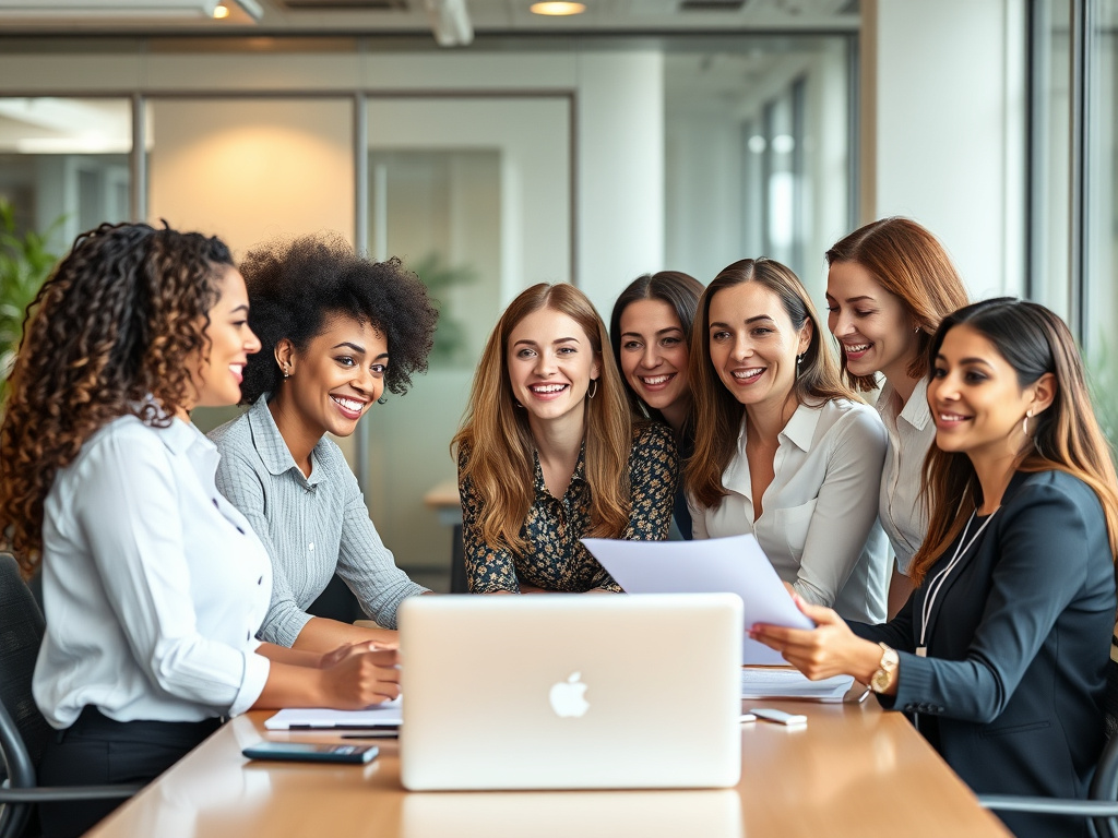 diverse group of women working together in a modern office, collaborative and empowered, corporate style