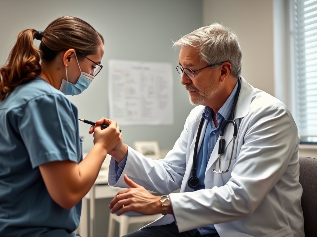 a medical professional examining a patient, showing concern and care