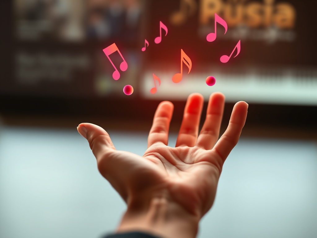 a hand reaching out to grasp floating musical notes, symbolizing royalty payments, corporate design