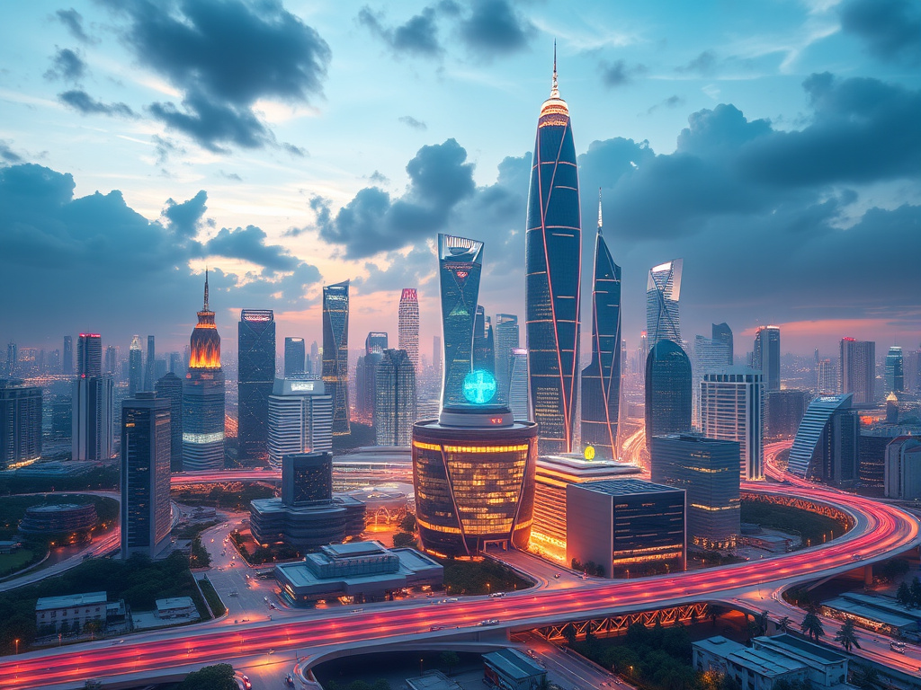 a futuristic cityscape with integrated healthcare technology, symbolizing the potential of biomedical technology in Indonesia, corporate design