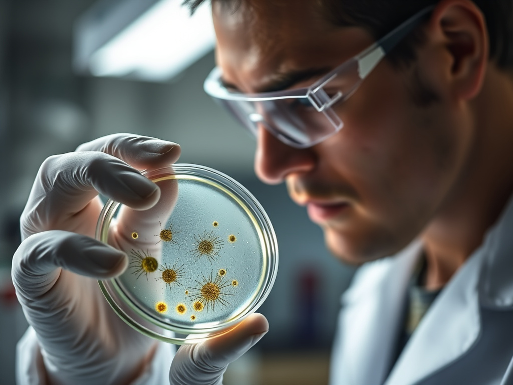 a close-up of a scientist examining a petri dish with a unique biological sample in a well-lit laboratory