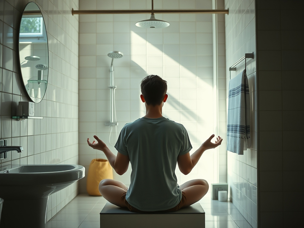 a person meditating peacefully in a warm and inviting bathroom, symbolizing mental well-being and overcoming fear