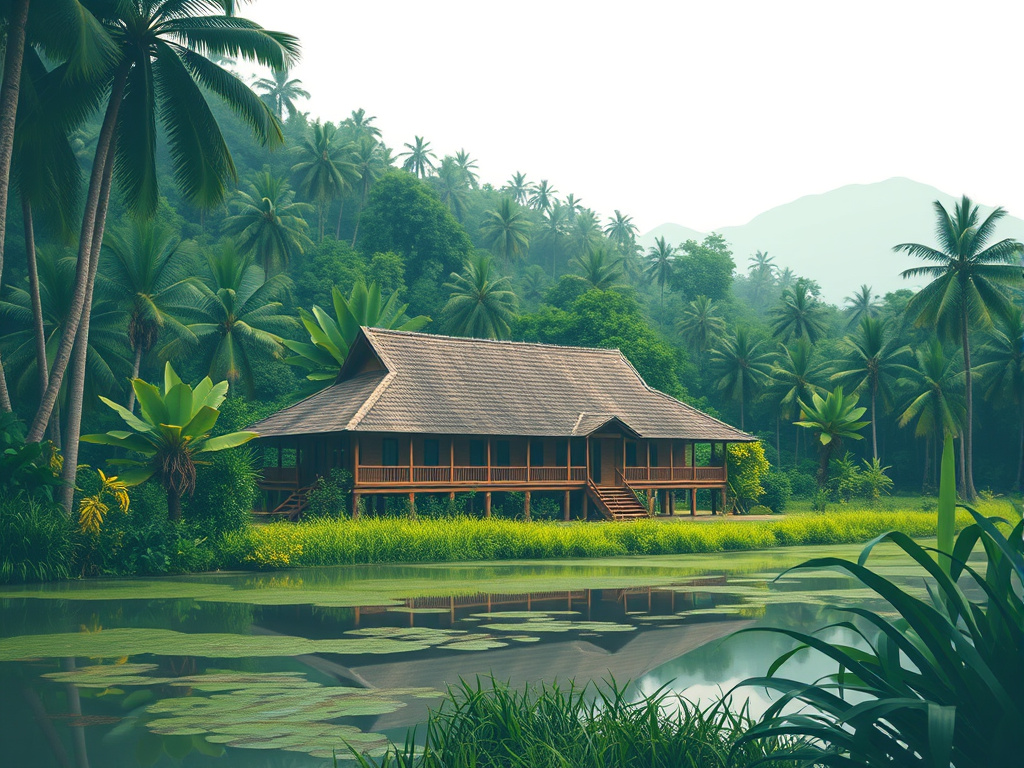 A serene depiction of a Dayak traditional longhouse, blending seamlessly with the surrounding rainforest, using a calming color palette.