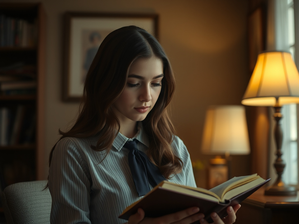 a young woman reading a book in a dimly lit room, focused expression, vintage aesthetic, corporate style