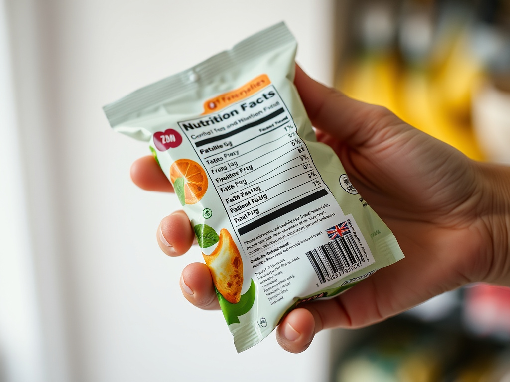 a hand holding a food product package, focusing on the nutrition label, soft lighting