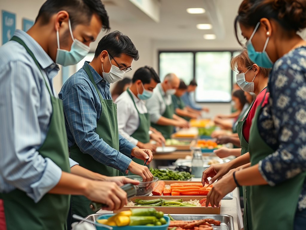 a community workshop on food safety, with people learning about proper food handling techniques, corporate lifestyle photography with an educational focus