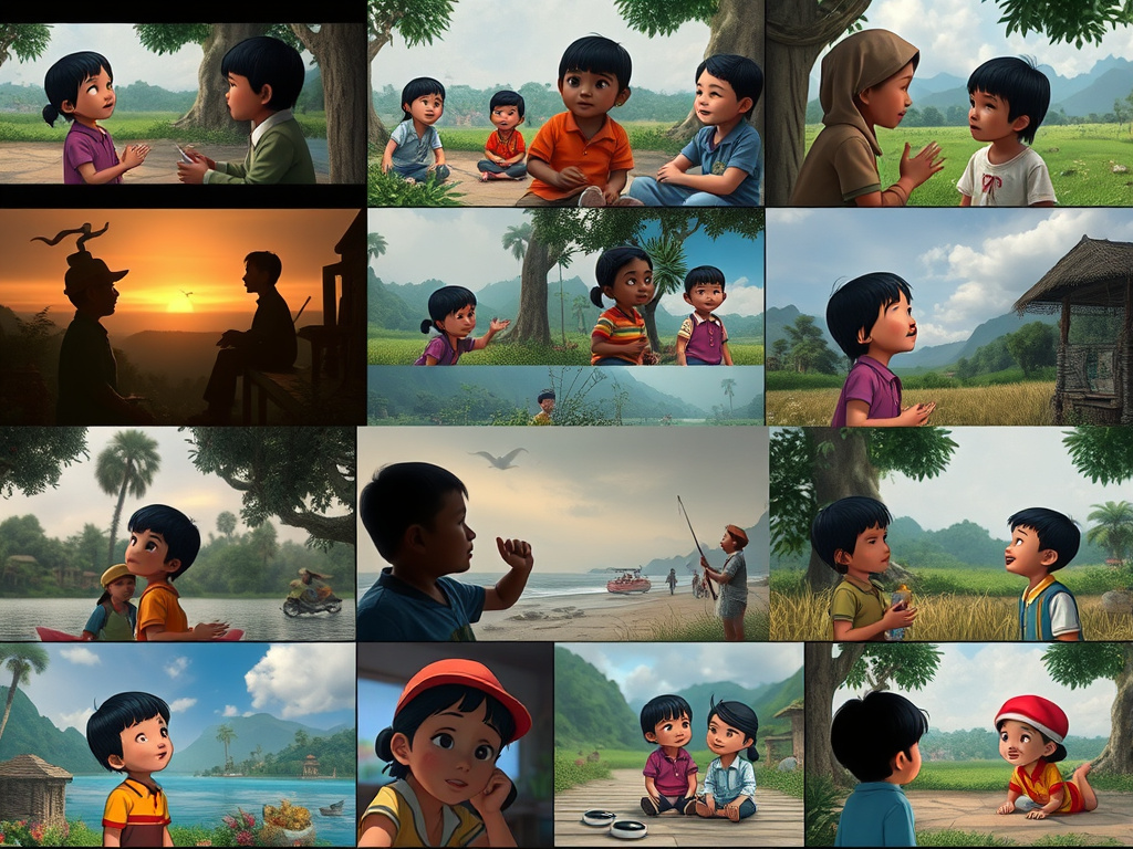 A montage of scenes from various Indonesian children's films, showcasing their diversity, corporate visual style