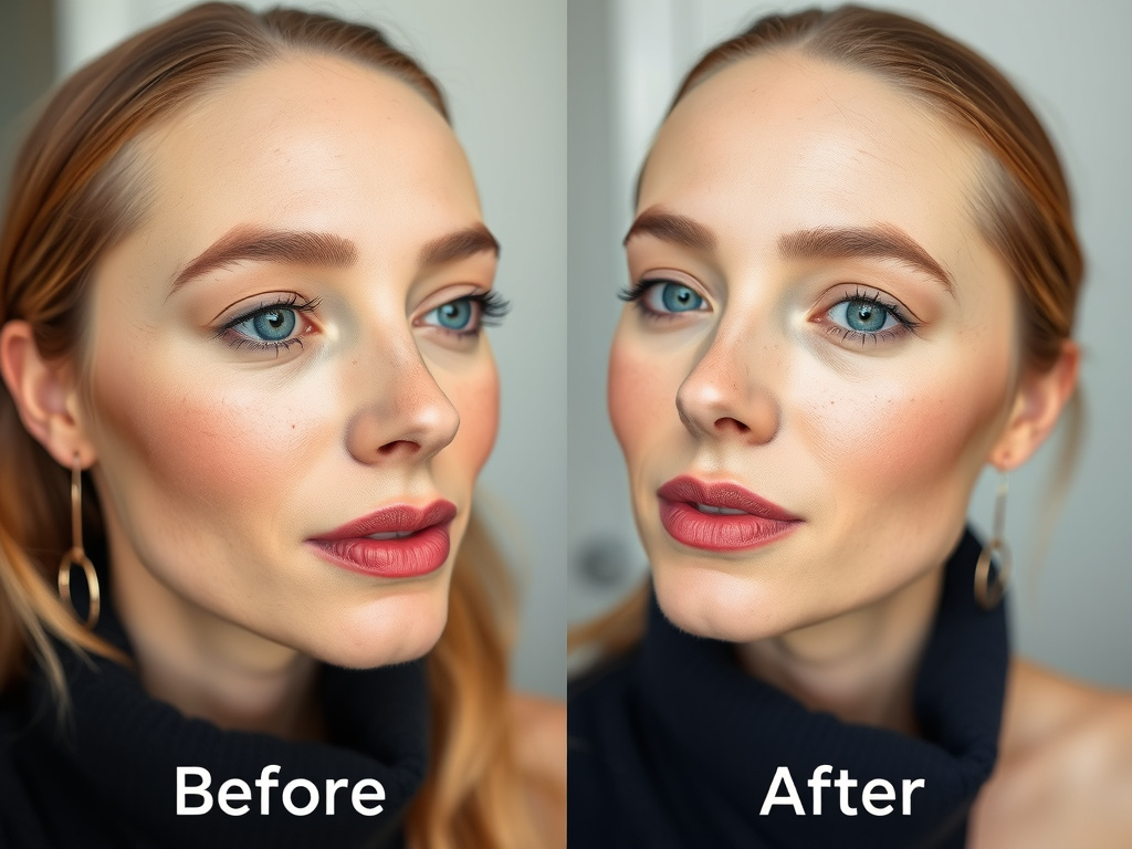 a before-and-after image showing a woman's skin improving after switching to natural makeup, subtle changes, corporate style