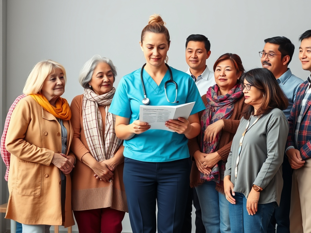 A diverse group of people representing different age groups and backgrounds, with a healthcare worker providing information, corporate visual style