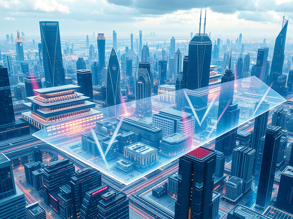 A futuristic cityscape with layers of transparent structures representing different timelines overlapping, corporate style