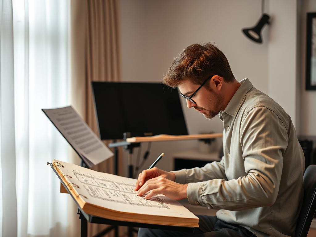 a composer working on sheet music in a modern studio with soft lighting