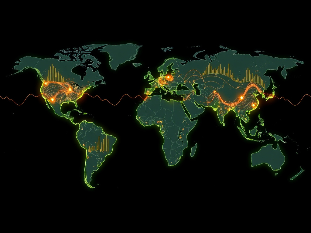 world map stylized with economic indicators pulsing and flowing across continents