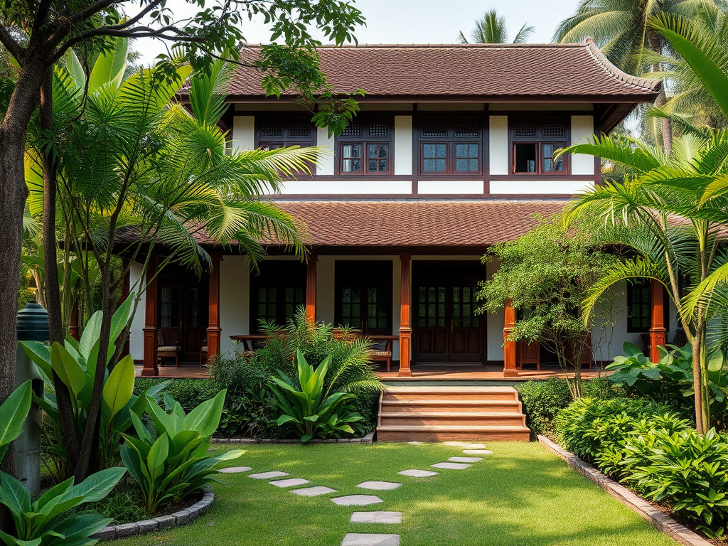 A traditional Javanese house with a lush garden, evoking a sense of history and serenity, corporate design