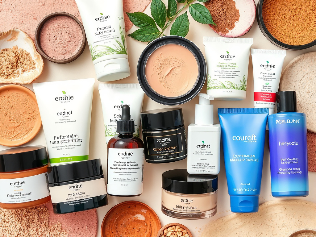 an arrangement of products from various natural makeup brands, showing different textures and colors, corporate style
