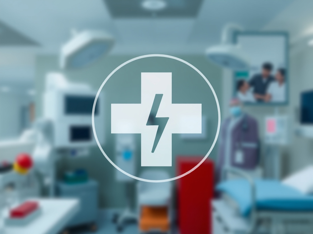 a medical alert symbol with a blurry background of hospital equipment