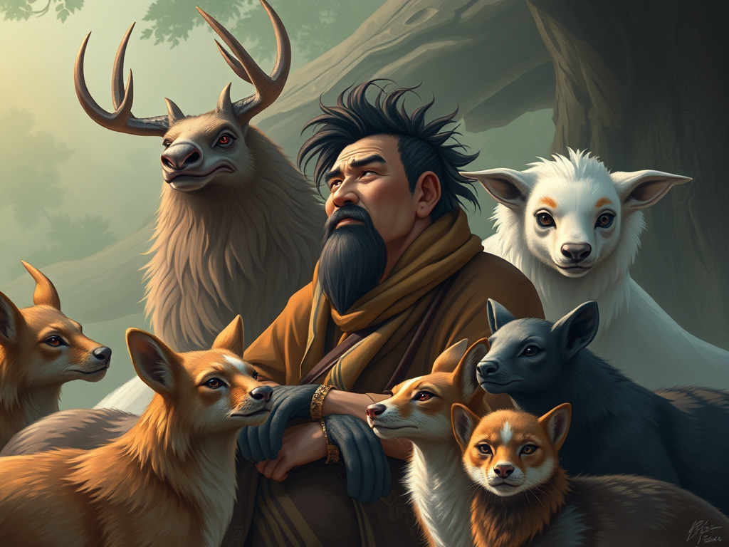 a contemplative Wiro Sableng surrounded by his animal companions, a scene emphasizing introspection and growth, corporate design