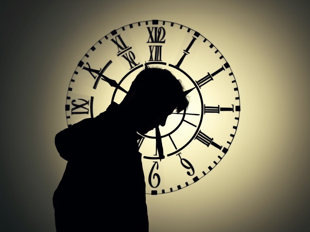 A silhouette of a person looking through a distorted clock face, representing the fracturing of time, corporate design, conceptual