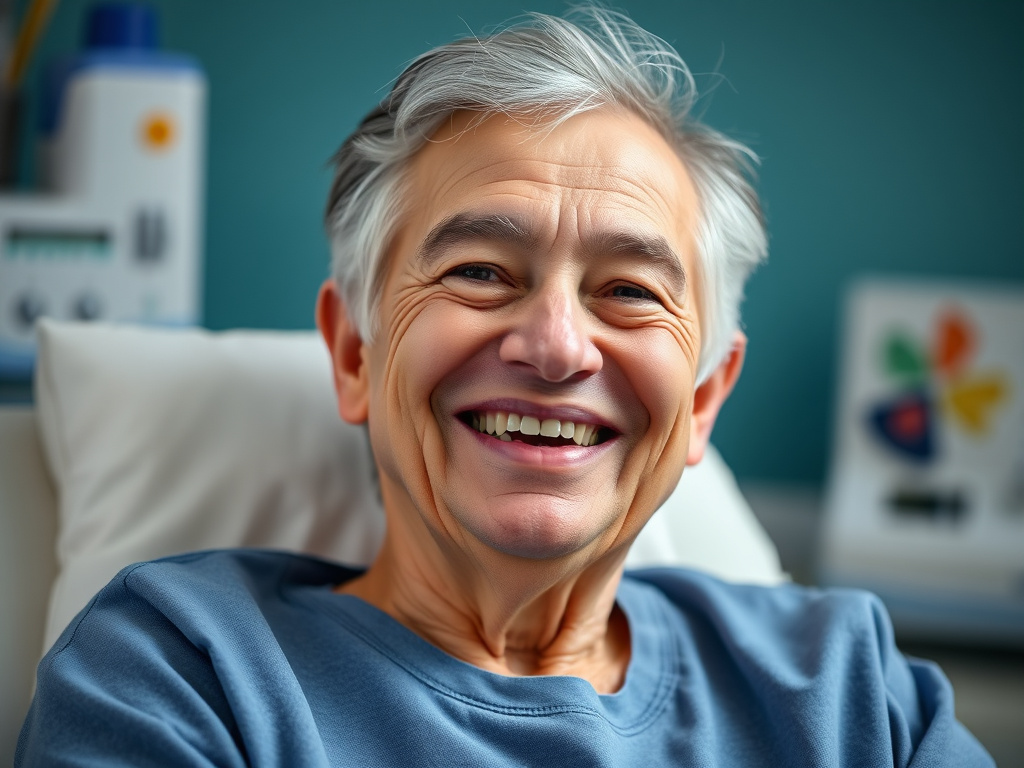 a success story visual – a patient smiling and actively engaged in life after benefiting from biomedical technology, corporate design