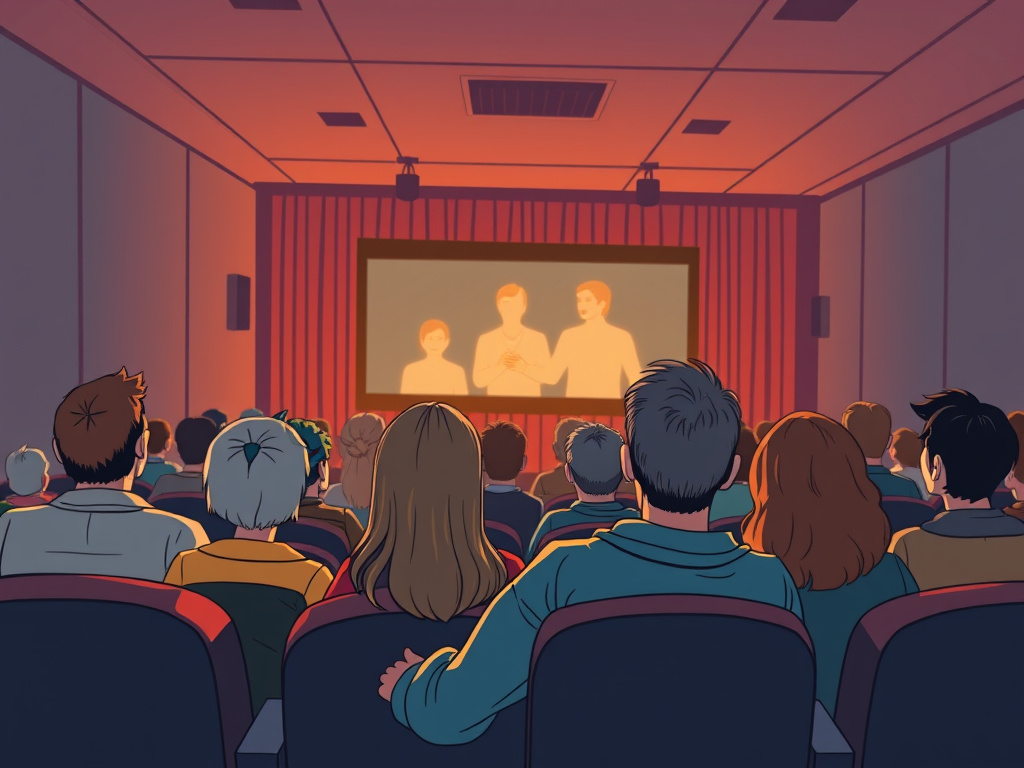 A group of people watching a film in a cinema, with a nostalgic feel, corporate illustration style