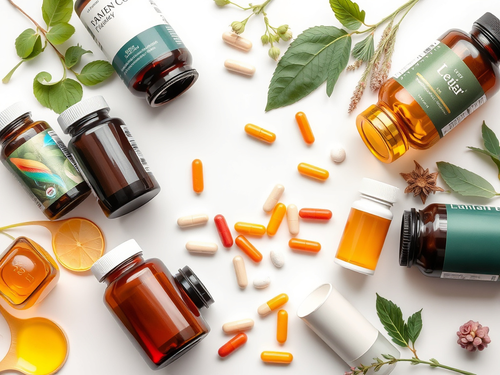 a variety of dietary supplements arranged on a white background, with a focus on bottles and capsules