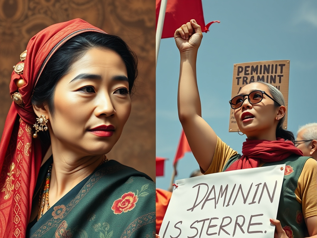 a split image showing a traditional portrait of Kartini on one side and a modern feminist protest on the other, representing contrasting perspectives, corporate style