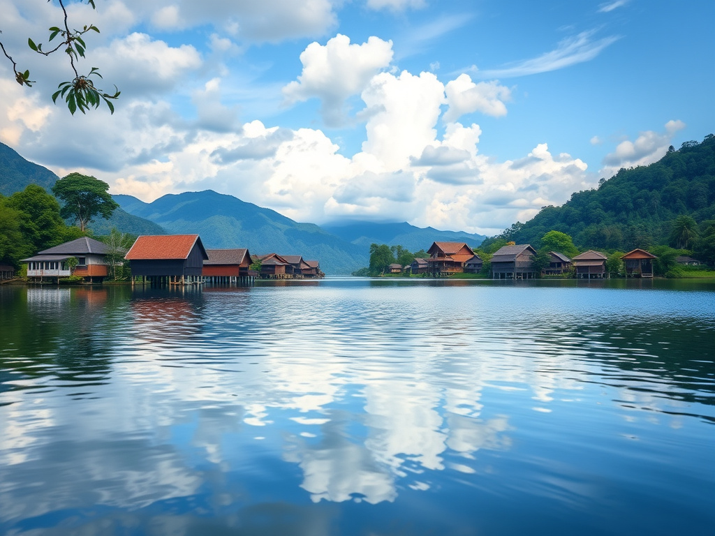Scenic view of Lake Toba with traditional Batak houses in the background, corporate design