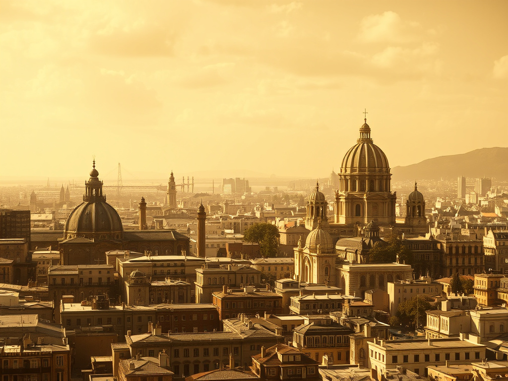 A sepia-toned image of a historical city with subtle futuristic elements integrated into the landscape, corporate style