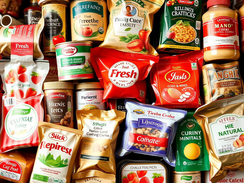 a collage of various food packaging labels with misleading terms like 'fresh' and 'natural', highlighting the need for critical evaluation, corporate graphic design